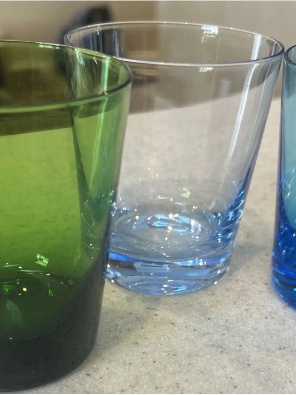 4 Vintage Colored Glass Tumblers - Blue/Red/Green/Clear-3 1/2”